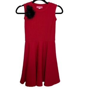 Girls 10 Red Dress Sleeveless Fit Flare Crewneck Black Feather Detail  Christmas